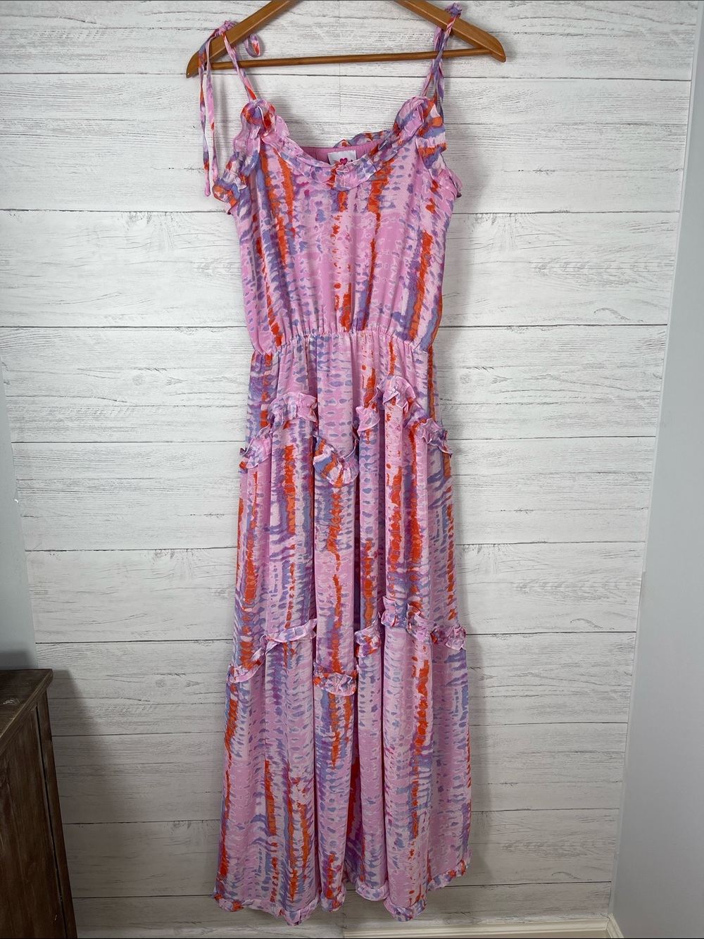 Buddy Love Pink Orange Purple Tie-Dye Maxi Dress with Ruffle Tiers